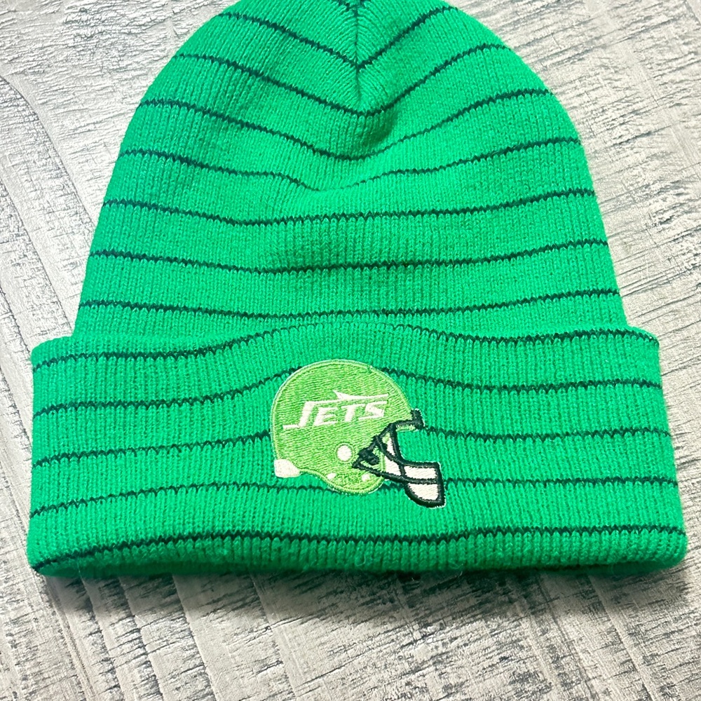 Vintage Green NY Jets Striped Logo Beanie Hat